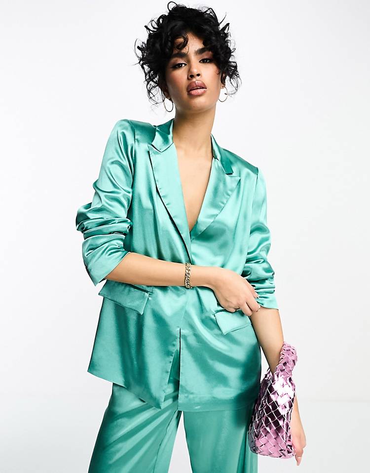 Vila satin tailored blazer and wide leg pants set in green